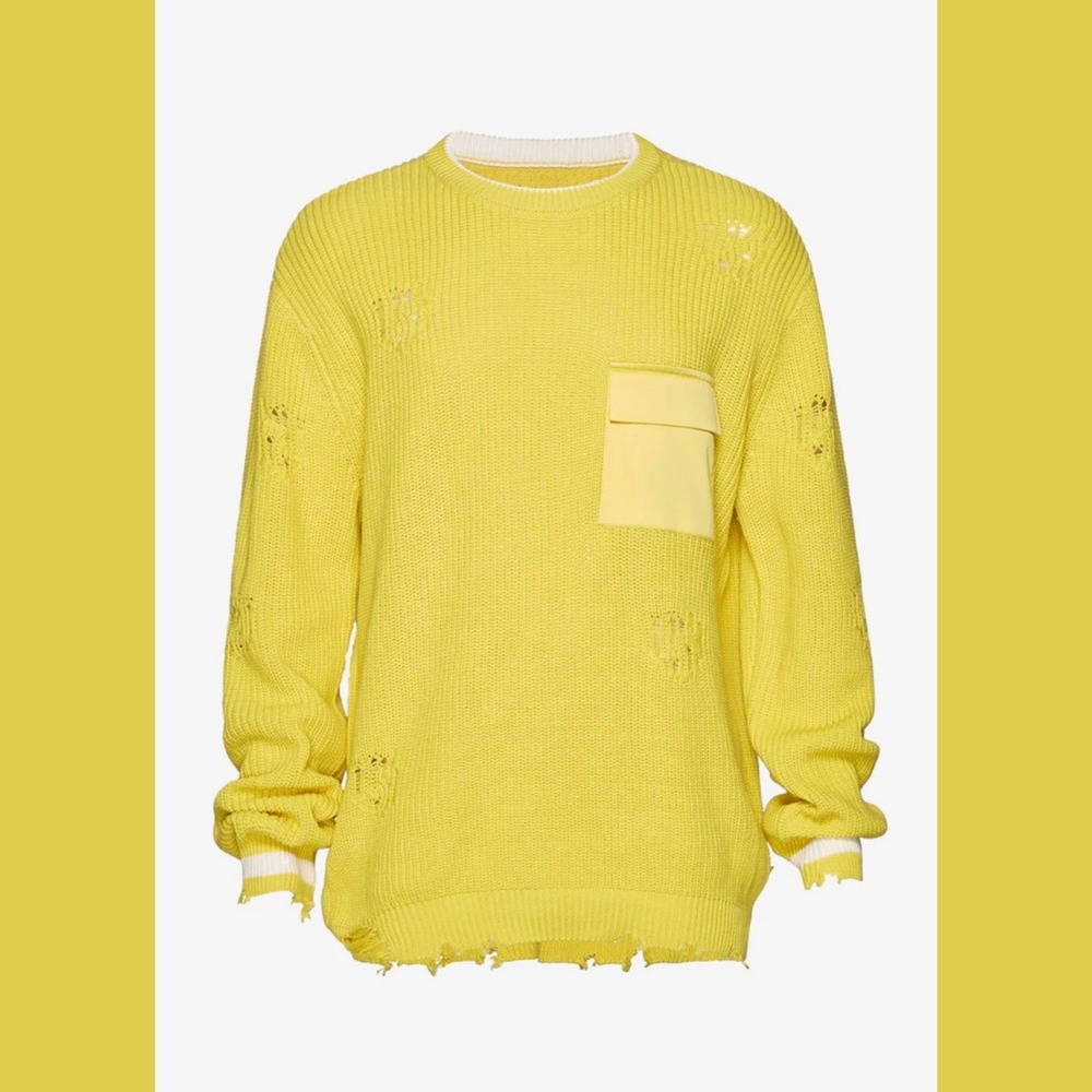 Seroya Devin Sweater Unisex Large Distressed Knit Yellow Crew Neck‎ Streetwear